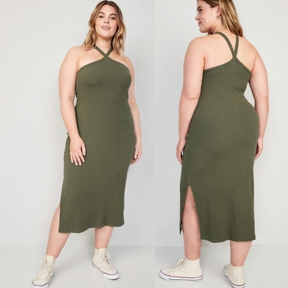 NWT OLD NAVY RUBBED MIDI DRESS IN OLIVE - Picture 1 of 5